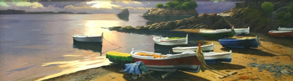 Ramon Pujol - Puesta de Sol en el L Lane-18202 - oil painting - 12x39
