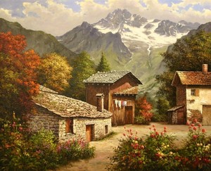 B. Jung - Village in the Mountains - oil painting - 26 x 32