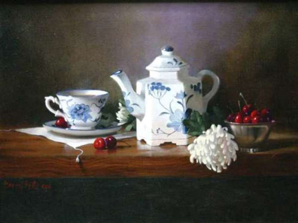 Berry Fritz - Tea With Cherries - oil painting on canvas - 14x18