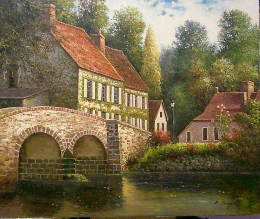 B. Jung - The River by Town, France - oil painting