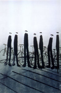 Mackenzie Thorpe - Men With Bikes - serigraph on paper - 46x34.75